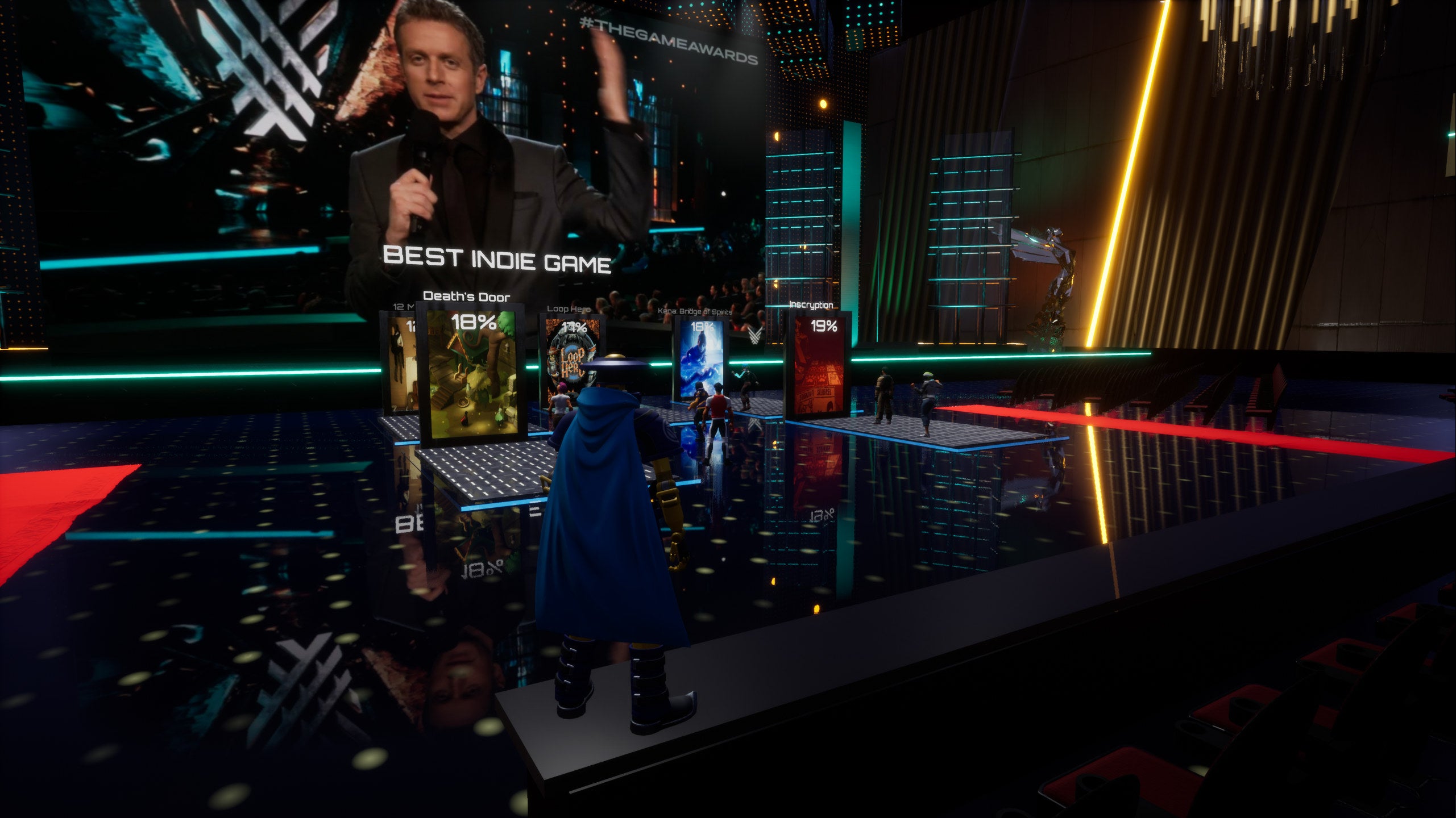 Watching The Game Awards in a screenshot from Axial Tilt in Core.